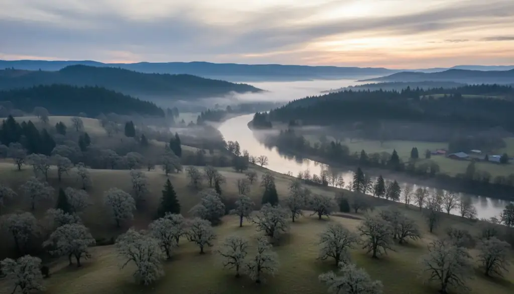 Oak-dotted hills and a fog-filled river valley near Roseburg, Oregon