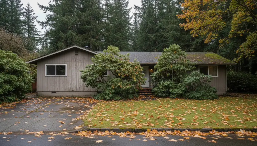 A tired single-storey Oregon ranch house with moss on the roof and maple leaves on the drive