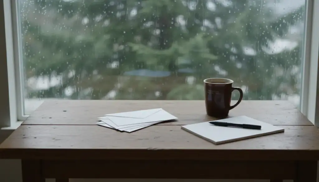 A kitchen table by a rain-streaked window with closed envelopes and a mug of coffee