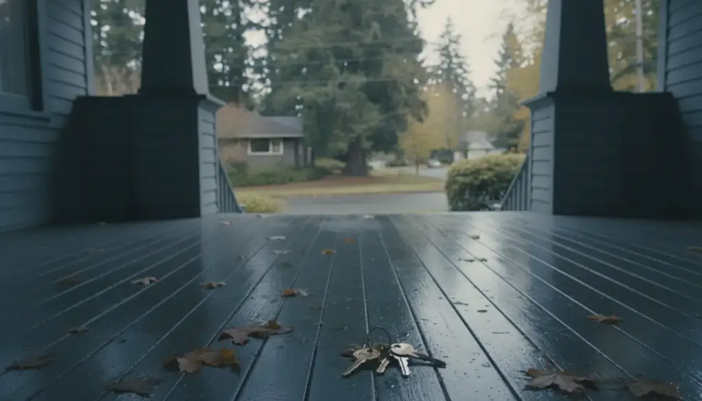 A ring of house keys resting on wet porch boards with fallen maple leaves