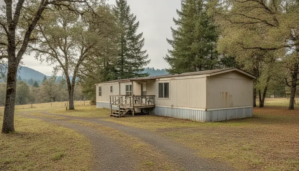 A single-wide manufactured home on a rural southern Oregon lot with oak and fir trees